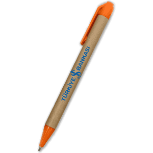 A paper pen with an orange cap and grip, featuring a beige barrel and a logo.