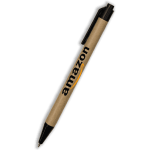A brown paper pen with a black tip and a clip, featuring a logo on the side.