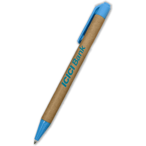 A blue and brown paper pen featuring a logo, designed with a simple and eco-friendly aesthetic.