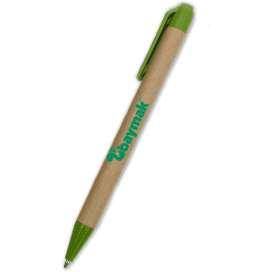 A ballpoint pen with a brown cardboard body and green plastic accents. It features a logo.