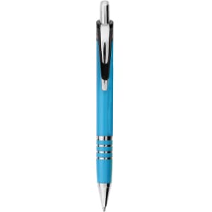 A metal pen in a vibrant blue colour with a shiny chrome clip and accents. It features a logo on the body.