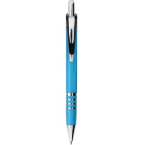 A blue metal pen with silver accents and a clip, featuring a sleek, modern design.
