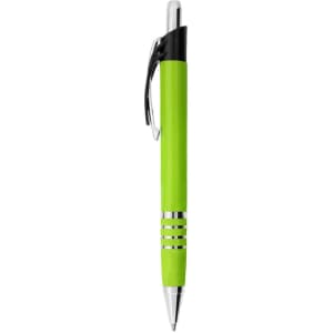 A green metal pen with a silver clip and accents, featuring a simple design and a branded logo.