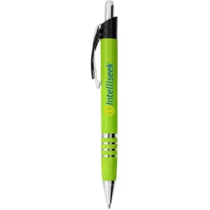 A green metal pen with a chrome tip and clip, featuring a logo on its barrel.
