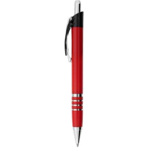 A red metal pen with silver accents and a black clip. Features a brand logo.