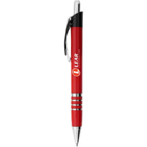 A red metal pen with a silver clip and accents, featuring a logo on the barrel.
