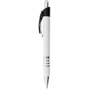 A metal pen featuring a white barrel and chrome accents, with a black clip and decorative silver rings.