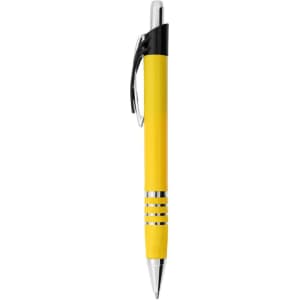 A yellow metal pen with a chrome clip and three silver rings on the barrel. Branding is present on the pen.