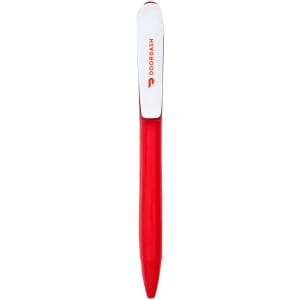 A red plastic pen with a white clip and a logo on the clip.