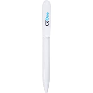 A white plastic pen with a cap and a branding logo on the barrel.