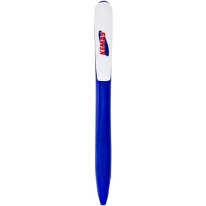 A blue plastic pen with a white cap and a branding logo on the clip.