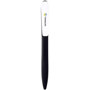A black and white plastic pen featuring a logo on the clip. Ideal for writing and promotional use.