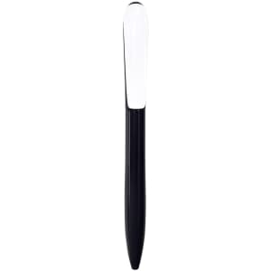 A black plastic pen with a glossy white detailing and a smooth design, featuring a logo on the barrel.