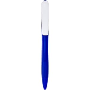 A blue plastic pen with a white clip and a sleek design, featuring a logo on the clip.