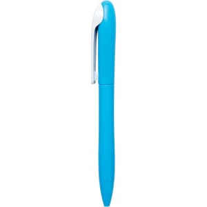 A blue plastic pen with a white clip and a smooth, contoured body. It features a logo.