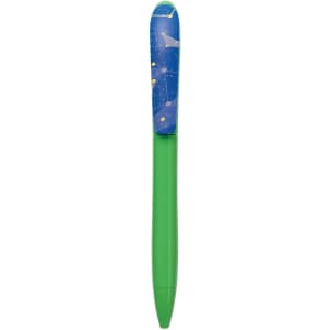 A green plastic pen with a blue starry design on the cap. The pen has a branding logo.