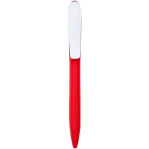 A red plastic pen with a shiny silver clip and a rounded tip, featuring a logo on the clip.