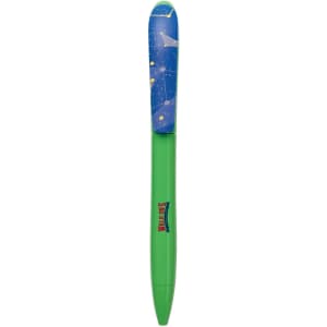 A green pen with a blue starry design on the cap and a logo on the body.