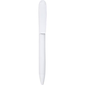 A white plastic pen with a sleek design and a clip, featuring a logo on its body.