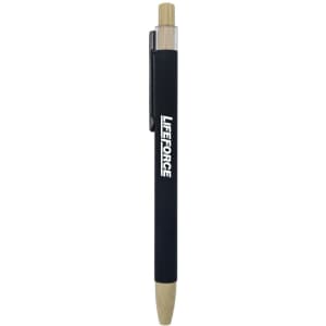 A black and bamboo click pen featuring a clip and branding.