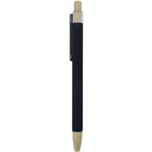 A black bamboo click pen with a natural bamboo tip and silver accents, featuring a clip and branding.