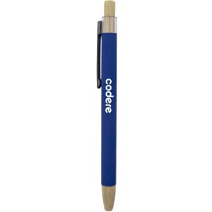 A blue bamboo click pen with a wooden clip and a logo on the body.