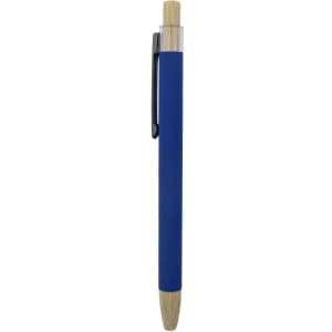 A blue pen with a bamboo tip and clip, featuring a sleek design and a silver accent. It has a logo on it.