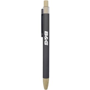 Abele Bamboo Click Pen featuring a grey barrel and bamboo accents, with a logo on the side.