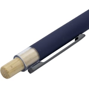 A bamboo click pen with a navy barrel, a bamboo tip, and a metal clip, featuring a logo.
