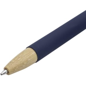 Abele Bamboo Click Pen featuring a navy blue body and a bamboo tip, with a silver nib. Includes a branding logo.