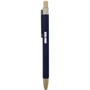 A navy and bamboo click pen with a sleek design and a clip for easy attachment. Features a logo on the barrel.