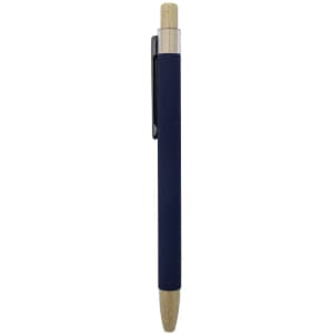 A blue pen with a bamboo tip and metallic accents, featuring a clip and a logo.