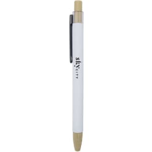 Abele Bamboo Click Pen in white with a bamboo tip and clip, featuring a logo.