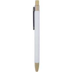 A white pen with a bamboo tip and clip, featuring a sleek design and a logo.