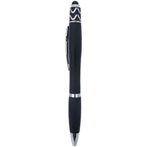 A black Spinner Fidget Pen features a sleek design with a stylus tip and a branded cap.