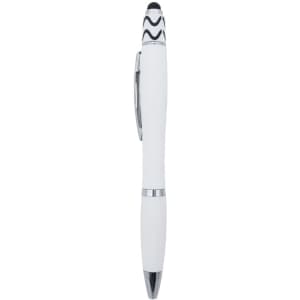 A white fidget pen with a stylus tip and chrome accents, featuring a logo on the body.