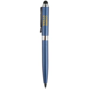 A blue stylus pen with a silver clip and a logo on the barrel, designed for writing and touchscreen use.