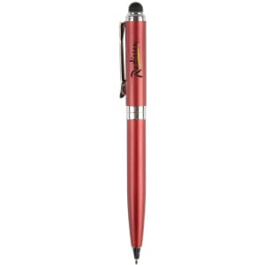 A red Canterbury stylus pen with a clip and a black stylus tip, featuring a logo on the barrel.