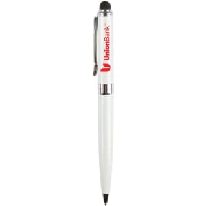 A white stylus pen with a black writing tip and a branding logo on the upper part.