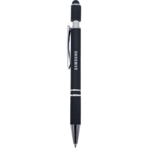 A metal pen in black with a textured grip and silver accents, featuring a logo on the barrel.