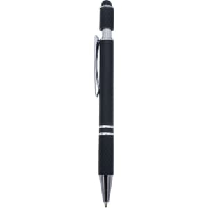 A black metal pen with a textured grip and a silver clip, featuring a logo on its body.