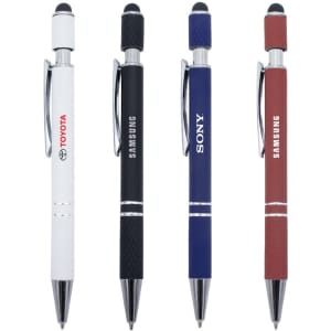 A set of four metal pens in black, white, blue, and red, each with a logo and stylus tip.