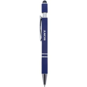 A metal pen in navy blue with a silver clip and a branding logo on the barrel. Features a stylus tip.