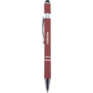 A metal pen in a deep red colour with a silver clip and an accompanying stylus tip, featuring a logo.