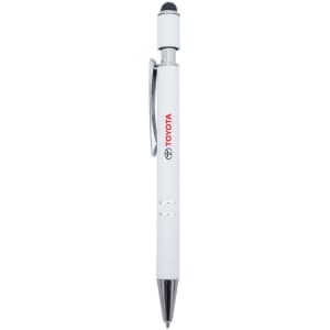 A metal pen in white with a textured grip, featuring a stylus tip and a logo.