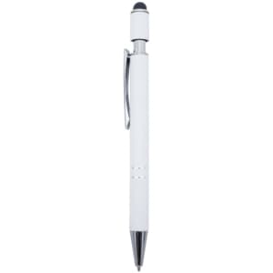 A white metal pen featuring a sleek design and a clip, with a stylus tip on one end. It has a branding logo.