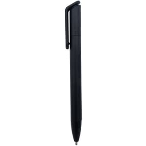 A black mini ballpoint pen with a clip and a logo on the barrel.