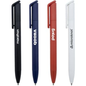 Four ballpoint pens in black, navy, red, and white, each featuring a logo on the barrel.