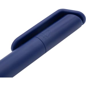 A navy blue mini ballpoint pen with a clip and a visible logo.