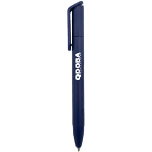 A dark blue ballpoint pen with a clip and a logo on the barrel.